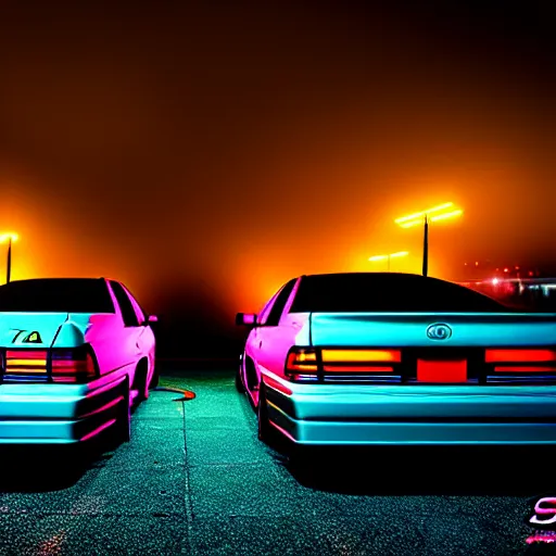 Image similar to a car Toyota Chaser twin-turbo at illegal car meet, Saitama prefecture, city sunset mist neon lights, cinematic color, photorealistic, highly detailed, 200MM