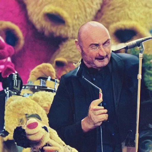 Prompt: !dream a beautiful photo of Phil Collins as a Muppet, playing drums,