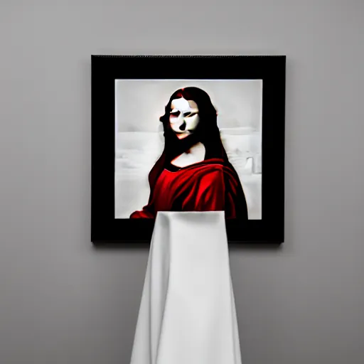 Image similar to Stunning modern studio portrait photograph of the original female model named Mona Lisa standing in a white room wearing a red dress, XF IQ4, f/1.4, ISO 200, 1/160s, 8K, RAW, unedited, symmetrical balance, in-frame, sharpened