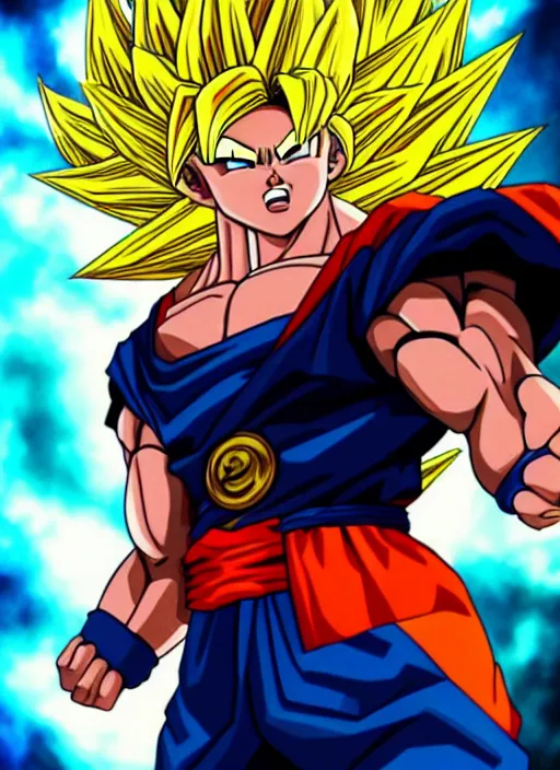 Image similar to a full portrait photo of super saiyan son goku, f / 2 2, 3 5 mm, 2 7 0 0 k, lighting, perfect faces, award winning photography.