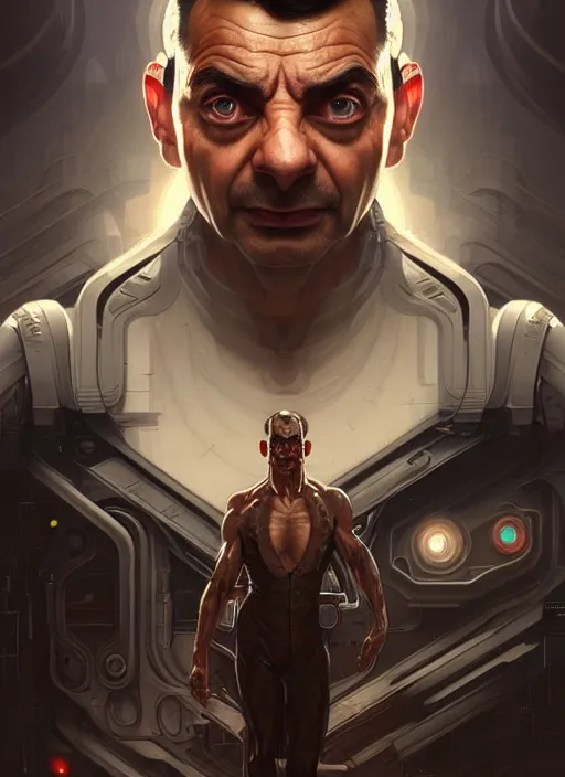 Prompt: portrait of mr bean, sci - fi, muscular! cyberpunk, intricate, elegant, highly detailed, digital painting, artstation, concept art, smooth, sharp focus, illustration, art by artgerm and greg rutkowski and alphonse mucha