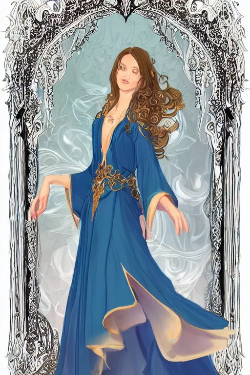 Image similar to a beautiful sorceress leaning with elegant looks, flowing robe, ornate and flowing, intricate and soft, by