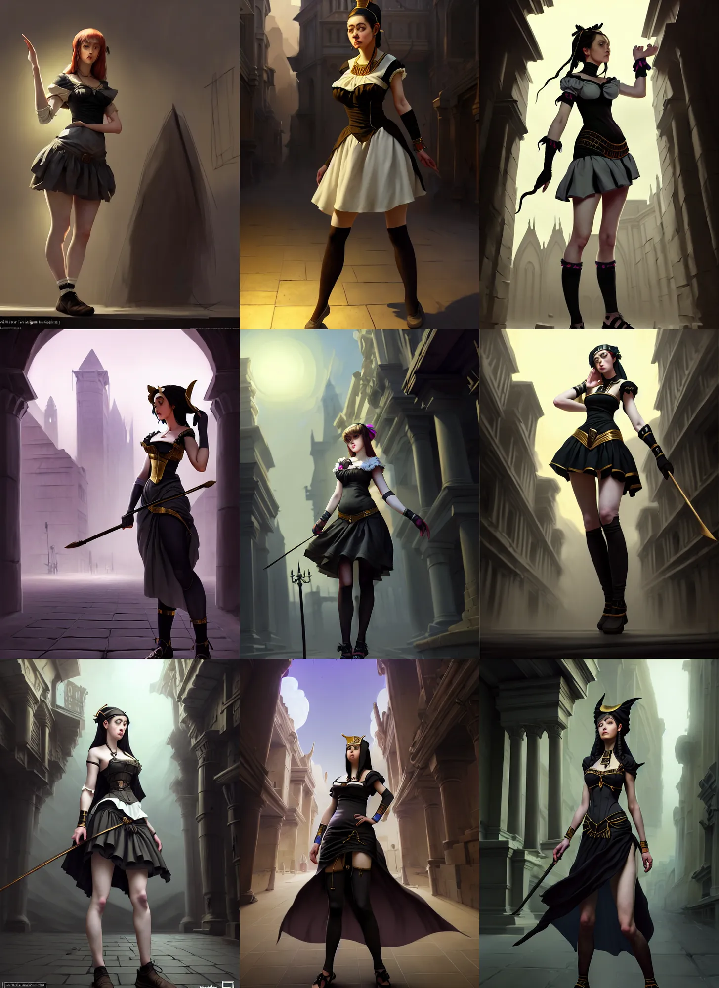 Prompt: artist reference pictures pose, anatomy skills,sophisticated composition, old masters light composition, procedurally generated, epic maid girl character posing for concept art, gothic city streets behind her, costume design from ancient egyptian designers, substance designer, PBR, HD, Ultra detailed, hyperrealistic, megascans, volumetric light, concept by master artist, made in paint tool SAI2, trending pixiv face
