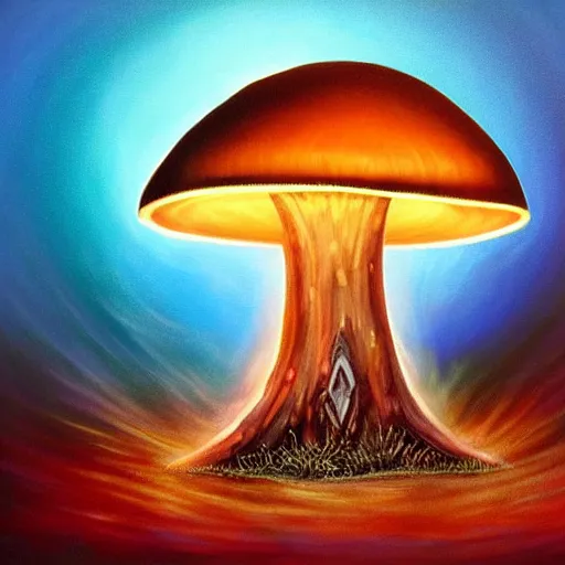 Prompt: a painting of a mushroom with a light coming out of it, an airbrush painting by joseph stella, featured on behance, geometric metaphysical painting, surrealist, airbrush art, tesseract