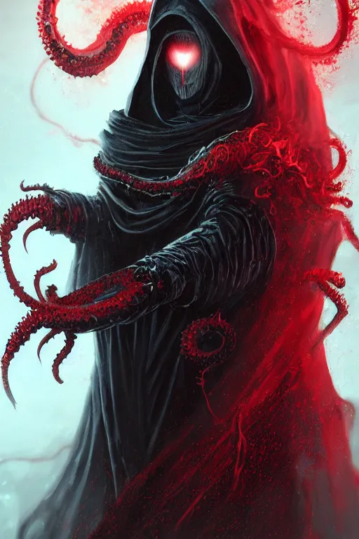 Image similar to A full body portrait of a mysterious character with no face with a very long hooded blood red and black cloak, a blazing crown floating above his head tentacles coming out the ground art by James Paick, and Shaddy Safadi, ominous, cosmic horror, trending on artstation, Ultra detailed, hyper realistic 4k