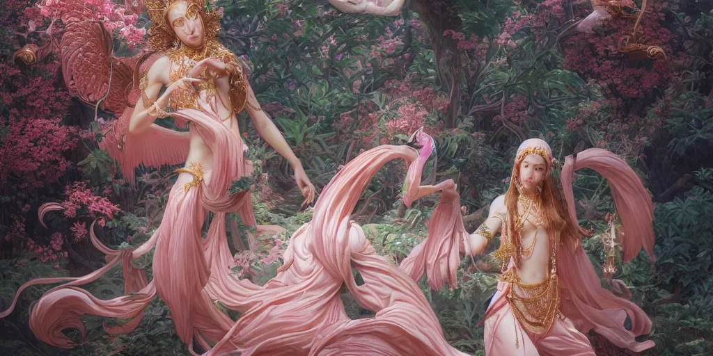 Image similar to breathtaking detailed concept art painting of the goddess of flamingo, orthodox saint, with anxious, piercing eyes, ornate background, epic composition, amalgamation of leaves and flowers, by Hsiao-Ron Cheng and John James Audubon and Miho Hirano, extremely moody lighting, 8K