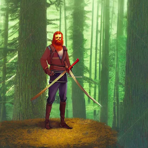 Prompt: a mid 30s redhead swordsman shoulder length red hair scruffy beard holding a short curved sword standing in a pacific northwest cedar forest, grungy high quality digital art