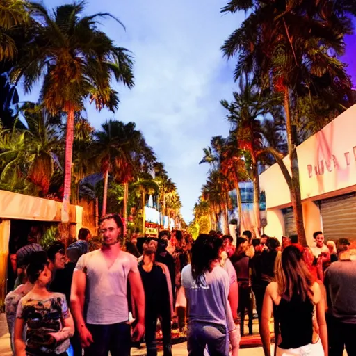 Image similar to a medium shot of a line of people outside of a trendy nightclub at midnight, palm trees on the street, directed by christopher nolan