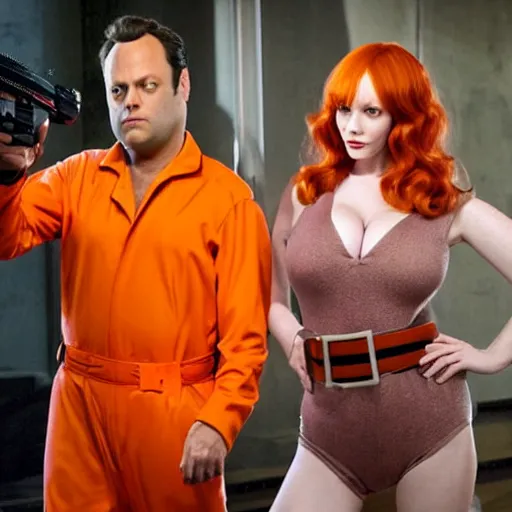 Image similar to vince vaughn as jack fenton, he is wearing an orange coveralls bodysuit with a big sci - fi gun belt, and christina hendricks as maddie fenton, she is wearing a tight teal coveralls bodysuit with a big sci - fi gun belt, movie photo, spooky netflix still shot, they are looking for ghosts