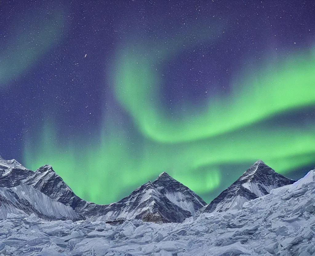 Image similar to Mount Everest with Northern Lights mixed with Van gogh sky