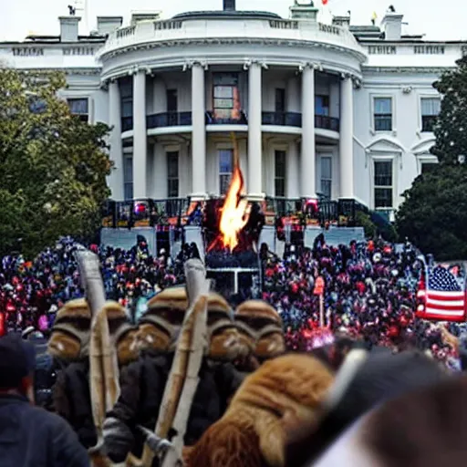 Prompt: a still of thousands of ewoks rioting in front of a the white house in washington.!!!, flaming torches and pitchforks