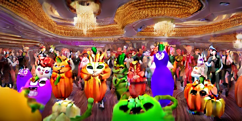 Image similar to 8 k uhd cinema 4 d, octane render of multiple cats dressed as vegetables with vegetables as masks, vegetables dressed as cats with fluffy tails, line dancing at a party, in the ballroom of a luxury cruise liner, beautiful chandeliers from the ceiling, ultra realistic, group photography, 1 0 5 mm lens, multi coloured volumetric lighting