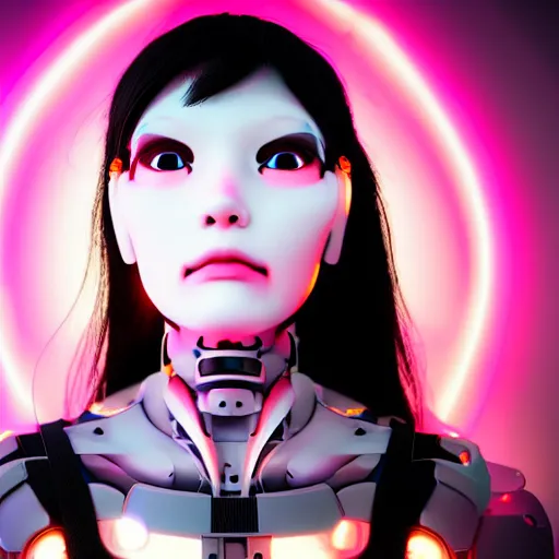 Image similar to beautiful japanese cyborg with led projection skin, neon lighting, techno neon background, portrait photo, octane render