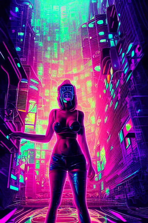 Image similar to dreamy cyberpunk girl full body shot, abstract background, digital nodes, beautiful woman, detailed acrylic, grunge, intricate complexity, by dan mumford and by jonathan solter