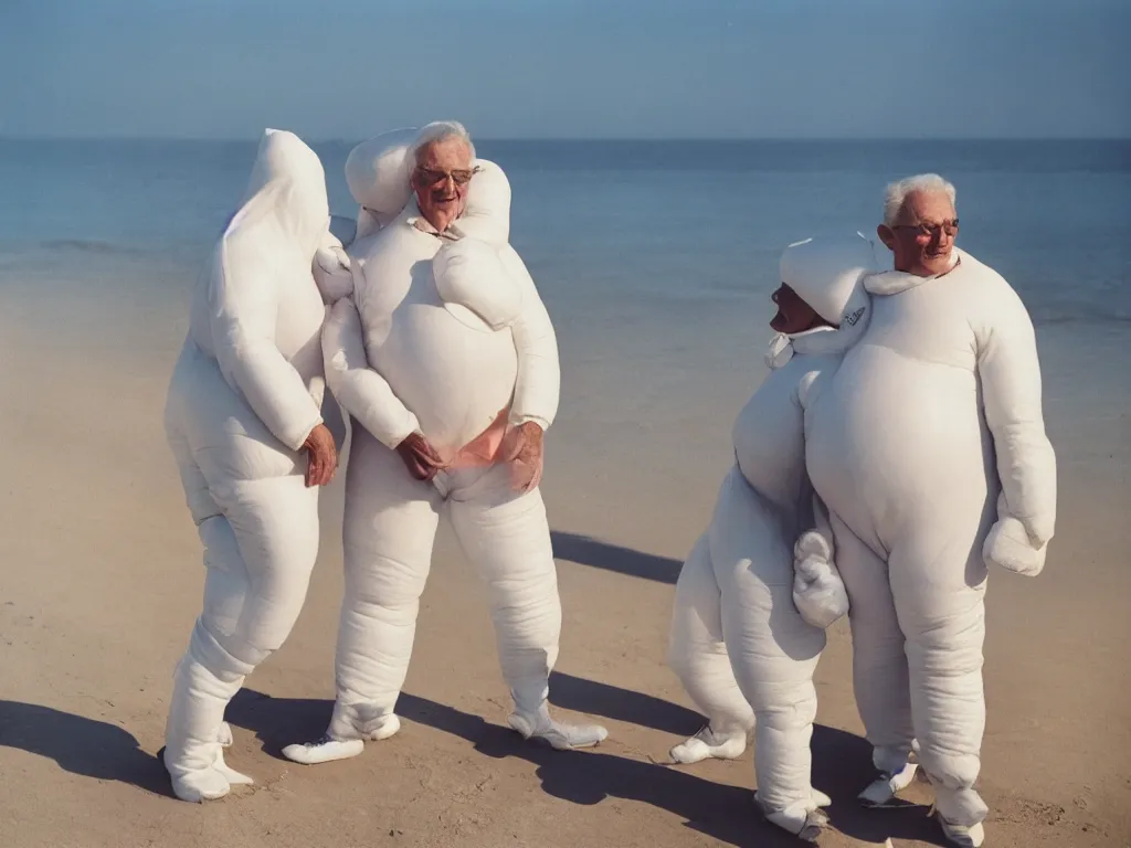 Image similar to a martin parr photo of a grandpa couple, wearing michelin man white body costumes in a beach, sunrise, 1 9 7 0 s kodachrome colour photo, flash on camera,