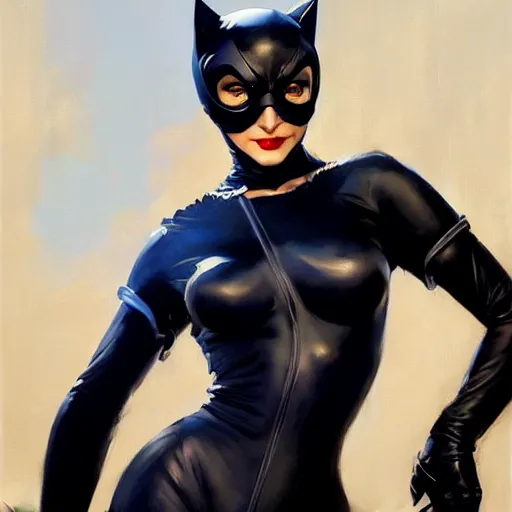 Image similar to Greg Manchess portrait painting of Catwoman as Overwatch character, medium shot, asymmetrical, profile picture, Organic Painting, sunny day, Matte Painting, bold shapes, hard edges, street art, trending on artstation, by Huang Guangjian and Gil Elvgren and Sachin Teng