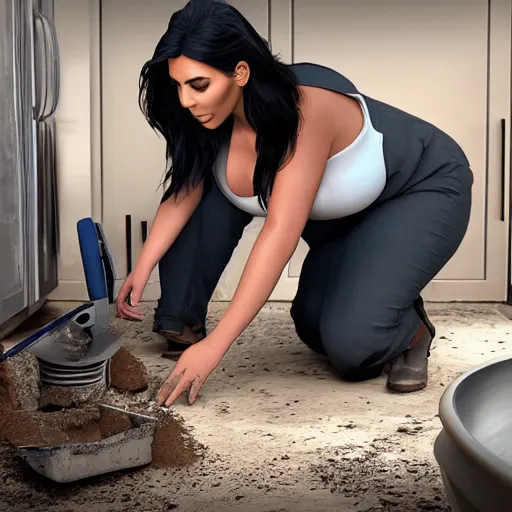 Image similar to kim kardashian repairing the dishwasher in the middle of dirt, photorealist, ultra hd, unreal engine
