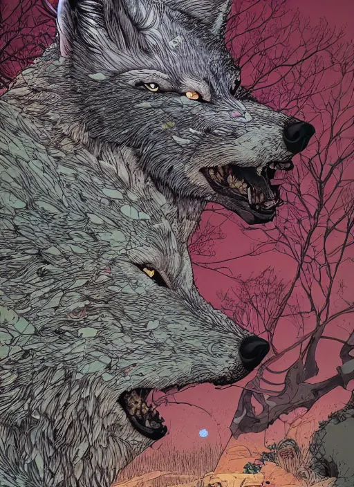 Image similar to a wolf in the garden by josan gonzalez, katsuhiro otomo, andrew ferez, rule of thirds, beautiful