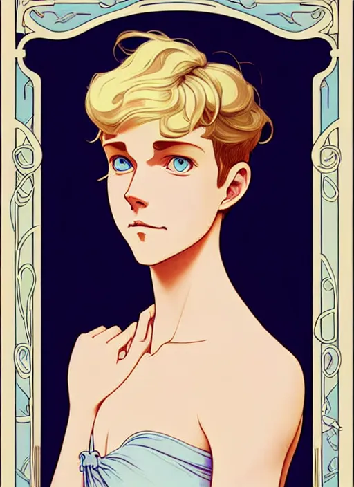 Prompt: art nouveau portrait of a pretty young man with short blond hair, light blue eyes, sad expression, scared, head down, natural lighting, path traced, highly detailed, high quality, cartoon, digital painting, by don bluth and ross tran and studio ghibli and alphonse mucha