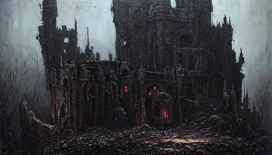 Image similar to a dark wizar, destroyed castle, rotting, blood, night, death, fear, horror, religion, hyperrealism, detailed and intricate environment, by giger, by greg rutkowski