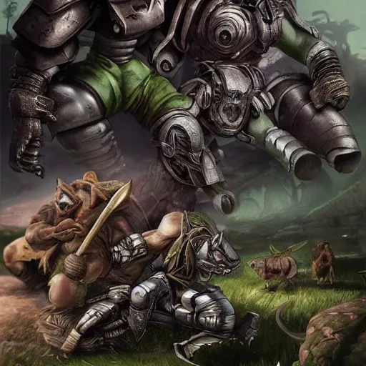 Prompt: “donkeys and cyborg ogres fight to the death, epic, detailed, realistic fantasy”