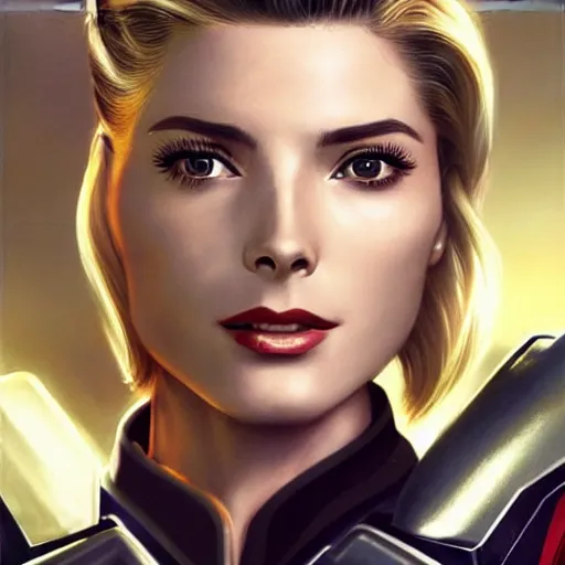 Image similar to A combination of Grace Kelly's and Ada Wong's and Ashley Greene's appearances with blonde hair wearing Forerunner armor from Halo, high tech, action shot, angular, full body portrait, futuristic, dramatic, fantasy, intricate, elegant, highly detailed, artstation, matte, sharp focus, 8K, art by Artgerm and Greg Rutkowski and Alphonse Mucha