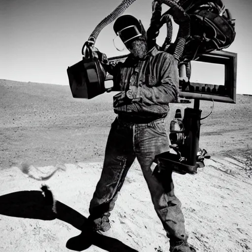 Image similar to a man wearing heavy equipment and a welding mask, in the desert, action movie, Mad Max inspired, film still, arriflex 35