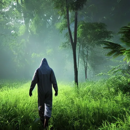 Image similar to a man wearing a hazmat suit, walking through a lush jungle, unreal engine 5, ray traced, god rays, extremely high detail