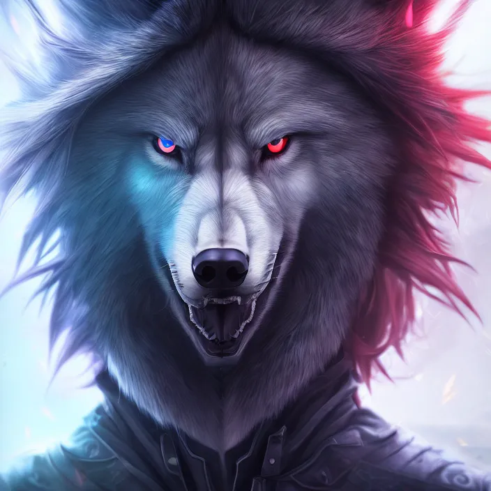 Image similar to portrait of male anthropomorphic dark gray anime wolf, long red hair, blue eyes, in a futuristic city, hyper detailed, digital art, trending on artstation, cinematic lighting, studio quality, smooth render, unreal engine 5 rendered, octane rendered, 1 : 1 aspect ratio