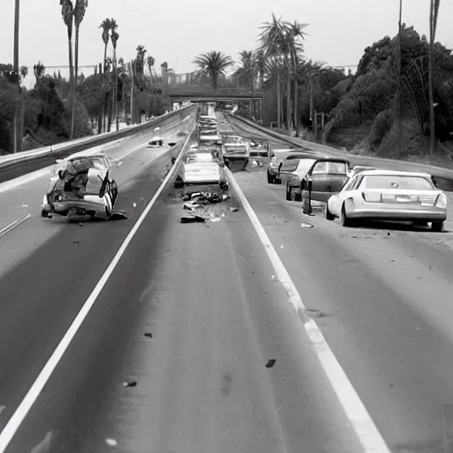 Prompt: Minor traffic accident on the LA 405 freeway with the automobile drivers as dolphins, Andy worhol