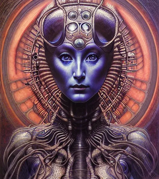 Prompt: detailed realistic beautiful young cher alien robot as queen of mars portrait by jean delville, gustave dore and marco mazzoni, art nouveau, symbolist, visionary, fractal, baroque. horizontal symmetry by zdzisław beksinski, iris van herpen, raymond swanland and alphonse mucha. highly detailed, hyper - real, beautiful