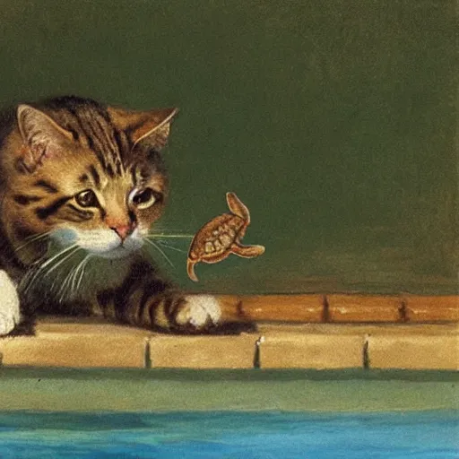 Image similar to painting of a cat playing with a turtle in a swimming pool, impressionism