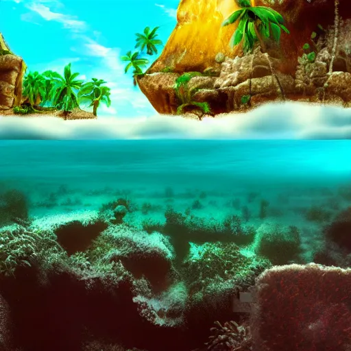 Prompt: professional underwater beach photo similar to level of donkey kong country, by discovery magazine, real life, photorealistic, soft focus, long exposure