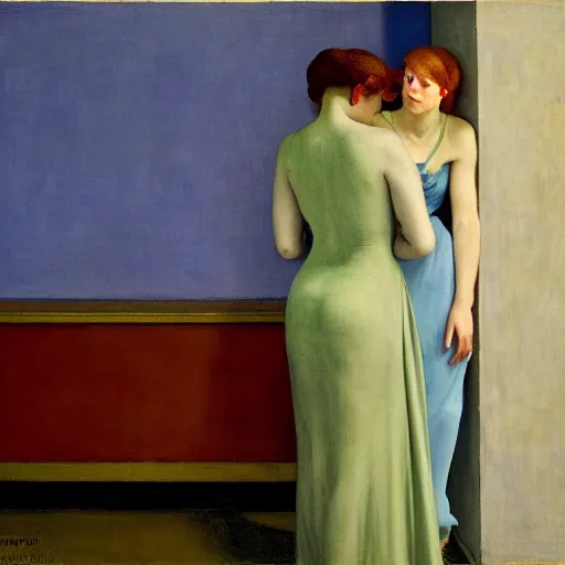 Prompt: a masterpiece, film still by edward hopper, by Pontormo, by klimt, pre-raphaelite. art noveau, art noveau, highly detailed, strong lights, liminal, eerie, Bright pastel colors