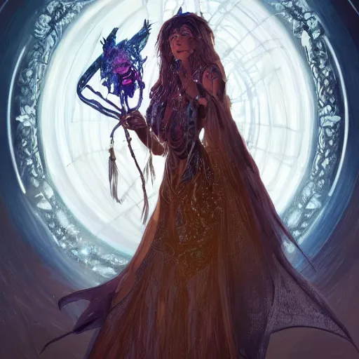 Prompt: ultra realistic illustration of cj miles as a cyber shamanic witch casting am elderit h spell, intricate, elegant, highly detailed, digital painting, artstation, concept art, smooth, sharp focus, illustration, art by artgerm and greg rutkowski and alphonse mucha