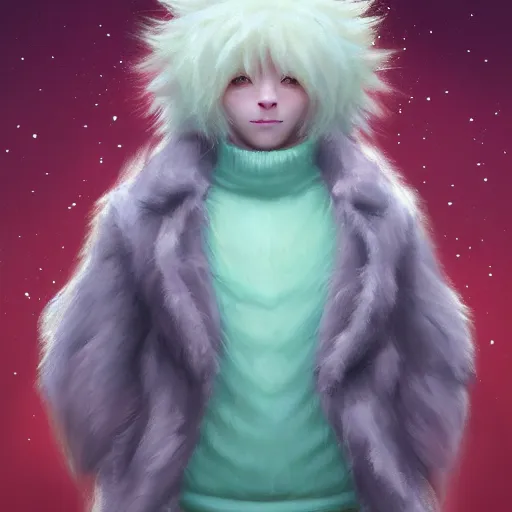 Image similar to aesthetic portrait commission of a albino male furry anthro lion wearing a cute mint colored cozy soft pastel winter outfit, winter atmosphere character design by charlie bowater, ross tran, artgerm, and makoto shinkai