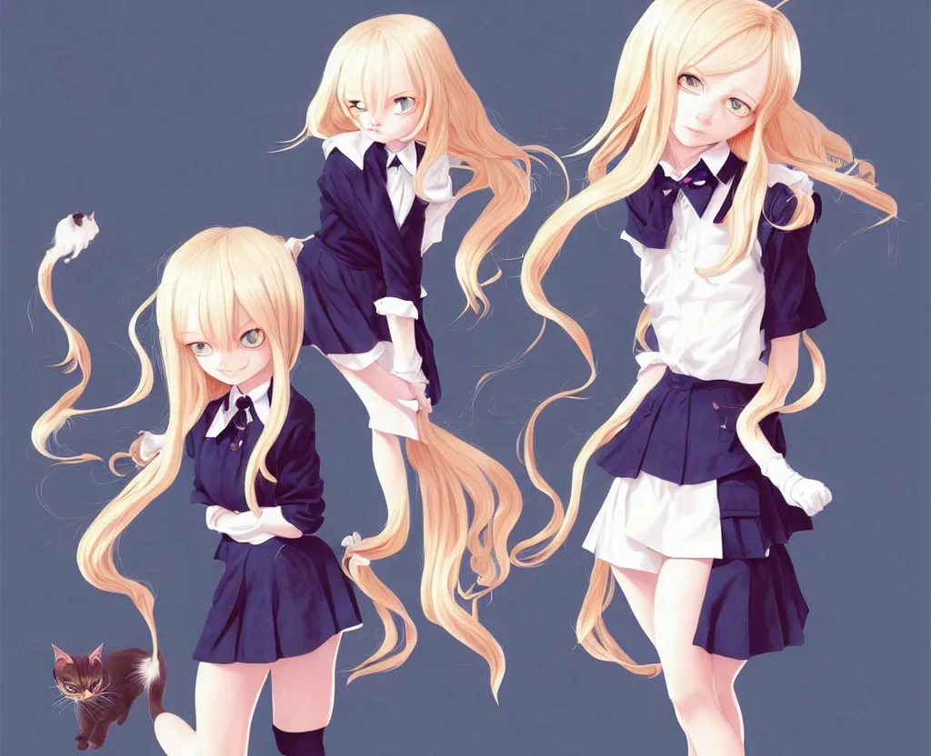 Image similar to cute rich demented prep school girl with long blonde hair happily sets cat aflame short silky hair velvet film occlusion shadow specular reflection rim light unreal engine artstation pinterest art by range murata and ilya kuvshinov intricate highly detailed 8 k illustration surreal