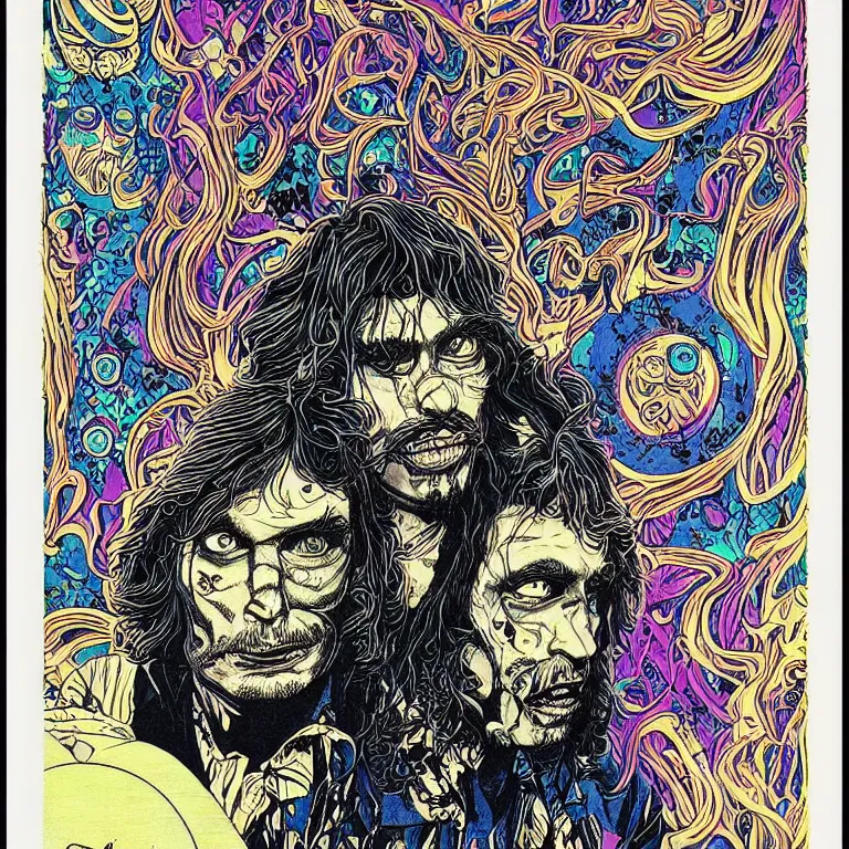 Prompt: beautiful colorful hyperrealist highly detailed psychedelic blacklight poster'zombie darryl hall and john oates ', psychedelic art nouveau, beautiful high contrast colored wood engraving, moebius comic style, shocking detail trending on artstation 8 k