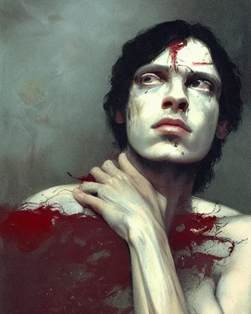 Prompt: a beautiful and eerie baroque painting of a beautiful but creepy young man in layers of fear, with haunted eyes and dark hair, 1 9 7 0 s, seventies, wallpaper, a little blood, morning light showing injuries, delicate embellishments, painterly, offset printing technique, by brom, robert henri, walter popp