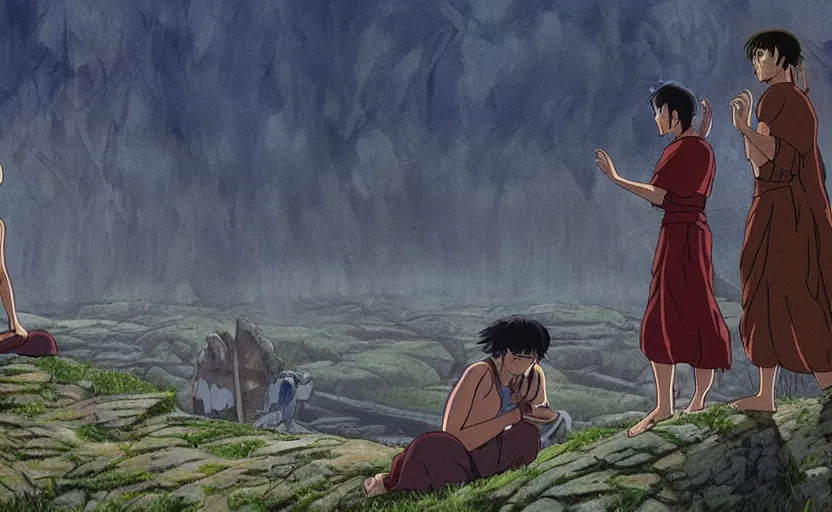 Image similar to movie still from princess mononoke ( 1 9 9 7 ) showing a highly detailed landscape with two monks praying with stonehenge in the background 1 9 8 0 s science fiction, 1 9 7 0 s science fiction, cyberpunk, moody, misty, depth perception, 4 k, artstation