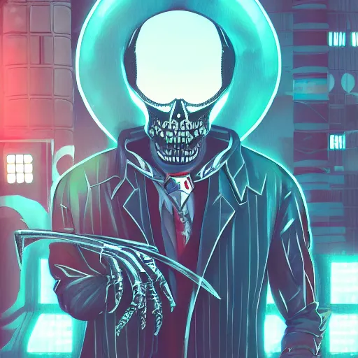 Image similar to cyberpunk jack skellington as the leader of a futuristic communist nation, cybernetics, sharp lines, digital, artstation, colored in