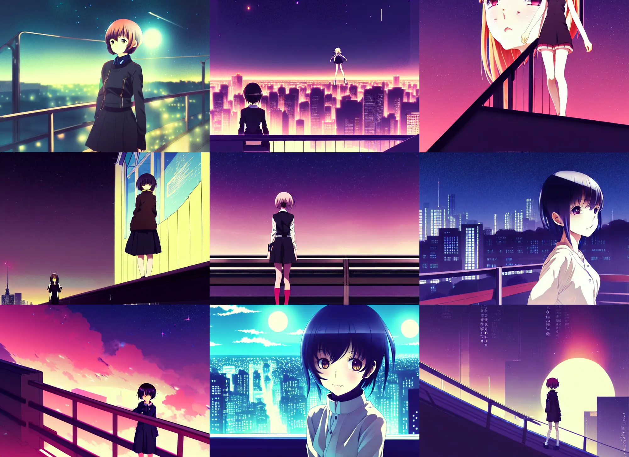 Prompt: anime visual, portrait of a young female traveler sight seeing above the city exterior at night, bench, guardrails, very low light, cute face by ilya kuvshinov and, psycho pass, kyoani, flat mucha, dynamic pose, dynamic perspective, strong silhouette, anime cels, rounded eyes