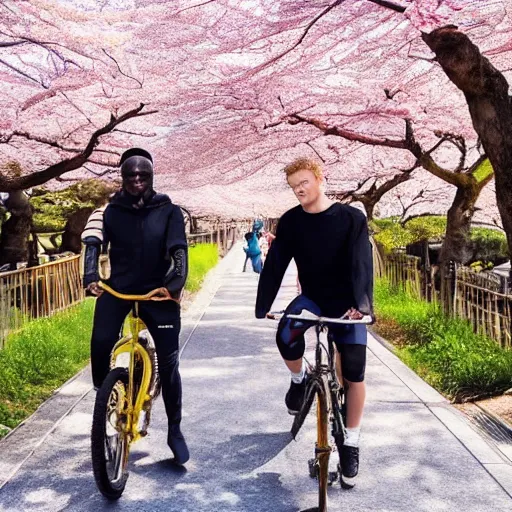 Image similar to ksi and jake paul are riding bikes together in japan through a beautiful street in japan filled with cherry blossoms, 8k, golden hour, highly detailed, award winning photo