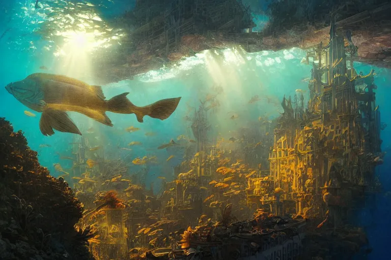 Prompt: a scenic view of the lost and abandoned city of Atlantic under water, ray of sunlight, coral reefs, fish flocks, Greg Rutkowski, Moebius, Mohrbacher, Mucha, blue and gold color scheme, ultra wide angle, light effect