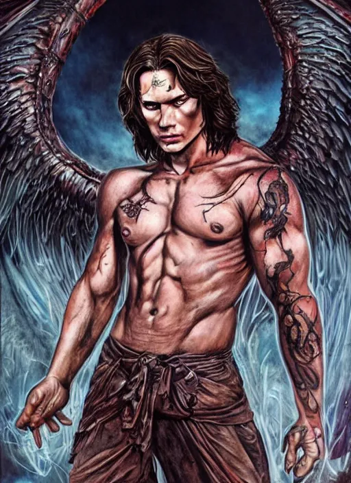 Prompt: Sam Winchester as a muscular angel with religious tattoos on chest and neck, stained and bleeding, magic overlays, urban fantasy book cover style, D&D dark fantasy style, sharp focus, ultra detailed, art by Artgerm and Peter Andrew Jones, Ayami Kojima, Amano and Olivier Ledroit