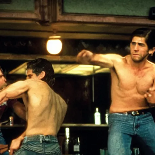 Prompt: cinestill of Jake Gyllenhaal fighting three men in a bar in the movie Road house