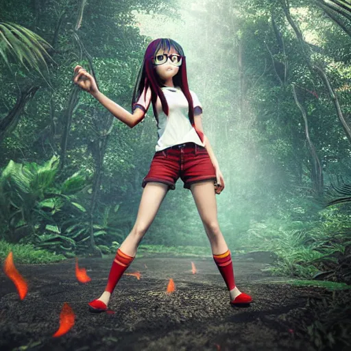 Image similar to nagatoro using white and red tight raglan sleeves, tight blue jeans and cool shoes in a tropical forest, fire hair in flames, artstation, 3 d ray tracing, octane render