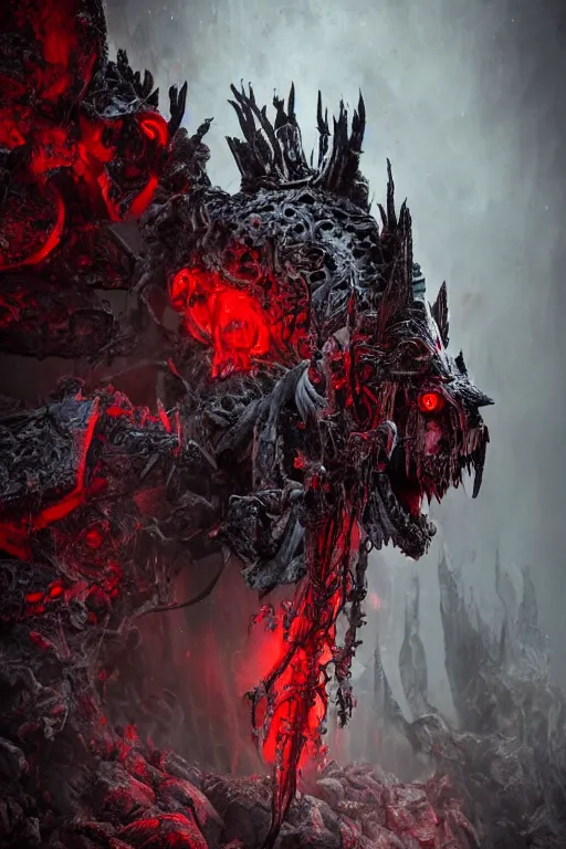 Image similar to a portrait of an ancient decayed lich king, dark fantasy setting, dynamic pose, decay, dull glowing red eyes, close - up, intricate details, intricately detailed clothing and textures, warm lighting, vivid colors, smoke and mist, hyper realistic octane render, volumetric shading, depth of field, raytracing, 8 k,