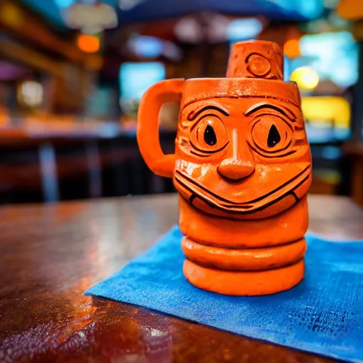 Image similar to a closeup photorealistic photograph of an orange cat garfield style tiki mug sitting at a trader vic's bar featuring garfield's face. tiki party. bright scene. fine detail. this 4 k hd image is trending on artstation, featured on behance, well - rendered, extra crisp, features intricate detail, epic composition and the style of unreal engine.