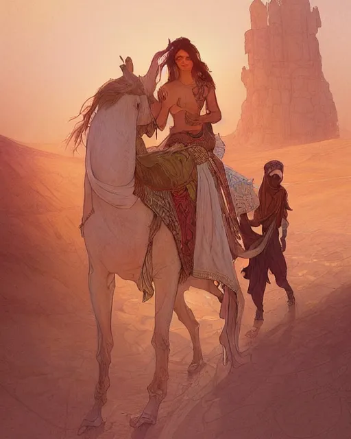 Image similar to bedouin in the desert, highly detailed, gold filigree, romantic storybook fantasy, soft cinematic lighting, award, disney concept art watercolor illustration by mandy jurgens and alphonse mucha and alena aenami, pastel color palette, featured on artstation